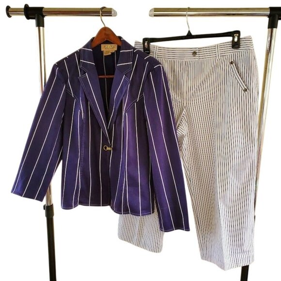 Peck & Peck Vintage Preppy Pinstripe Blazer & Trousers Set | 70s Nautical Glam S - Picture 1 of 9